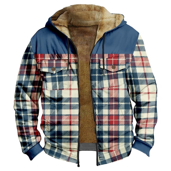 Jackets for Men Winter Warm Plaid Print Lined Hooded Jacket Zip Up Long Sleeve Outerwear Comfortable Loose Fit Fall Winter Heavyweight Coat Fall Jackets