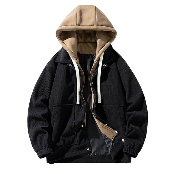 Jackets Tops for Men Fashion Casual Fales Two Piece Hooded Corduroy Long Sleeved Mens Autumn and Winter Jackets,Black,4XL
