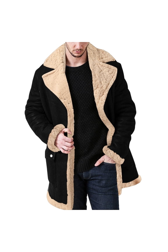 Jackets Tops For Men Plus Size Zipper Lapel Long Sleeve Padded Thicken Sheepskin Straight Jacket,Black,L