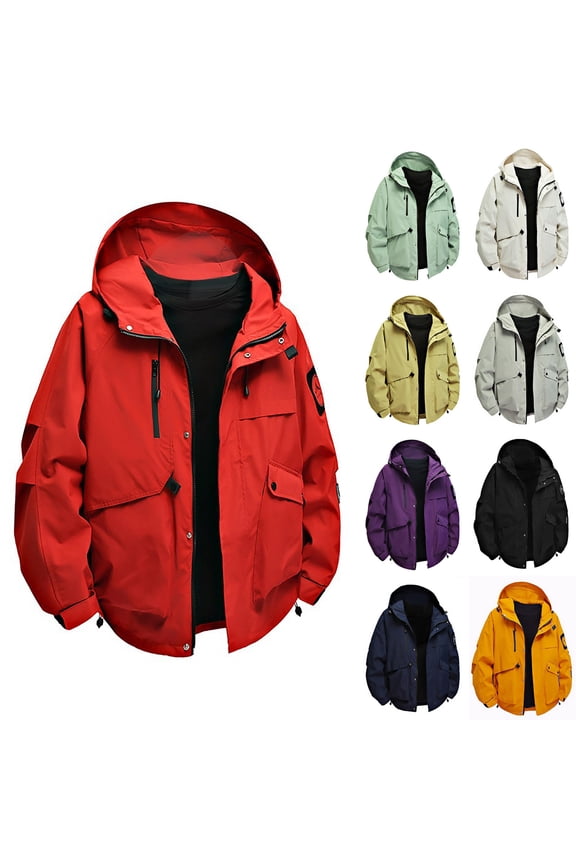Jackets With Zipper Pockets Men's Solid Color Waterproof Long Sleeved Hooded Workwear With Multiple Pockets Jacket Black L
