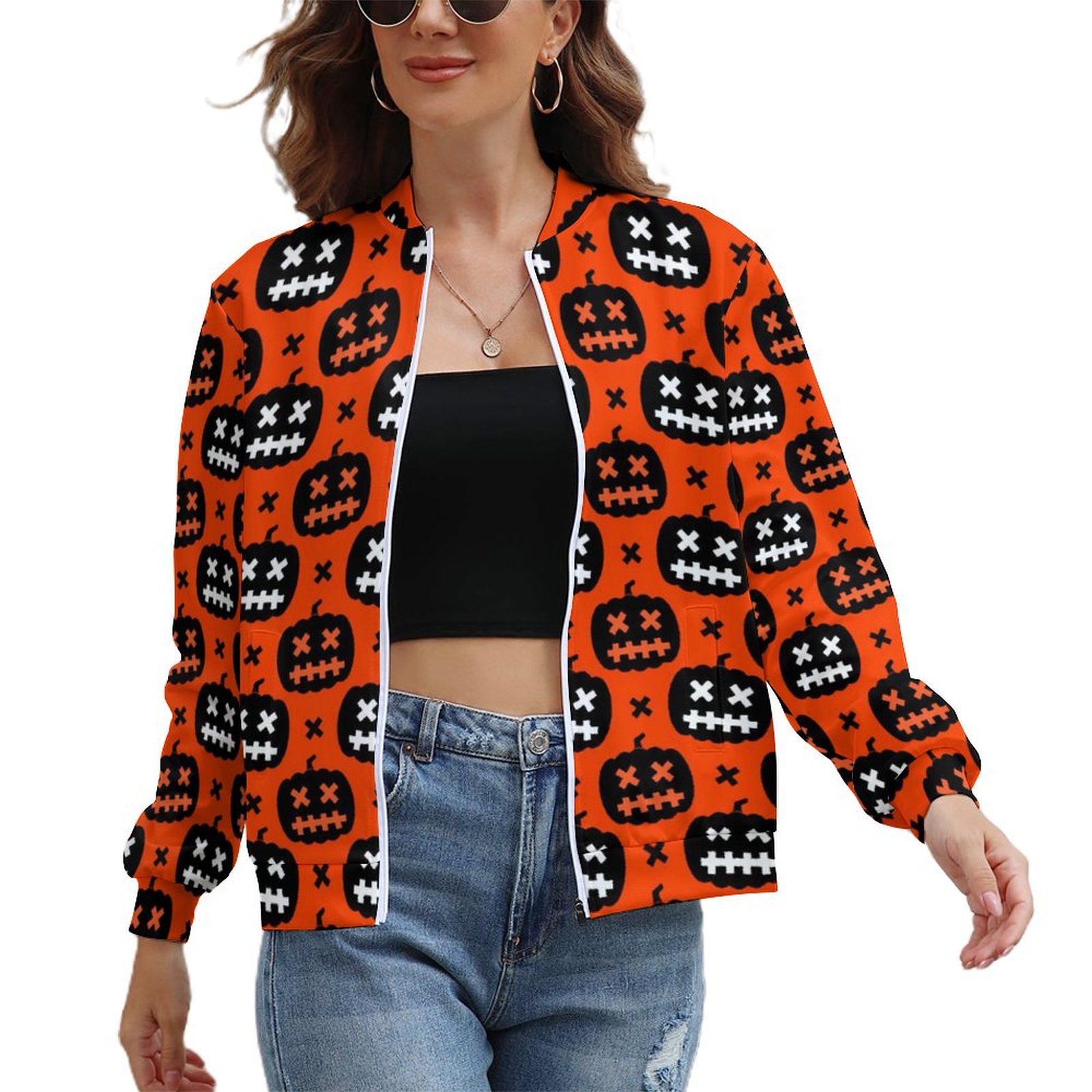 Halloween Pumpkin Pattern Print Women Casual Bomber Jacket