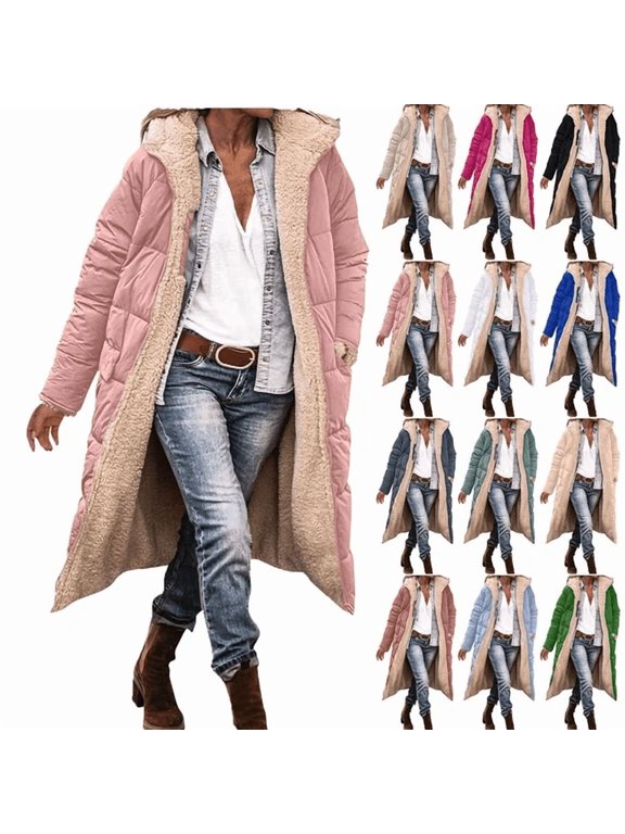 Jackets for Women Up to 35% off!Ndbuld Women's Winter Jacket Coat Fleece Lined Long Fluffy Coat Hooded Long Winter with Pockets Warm Parka Coat,Watermelon Red,S
