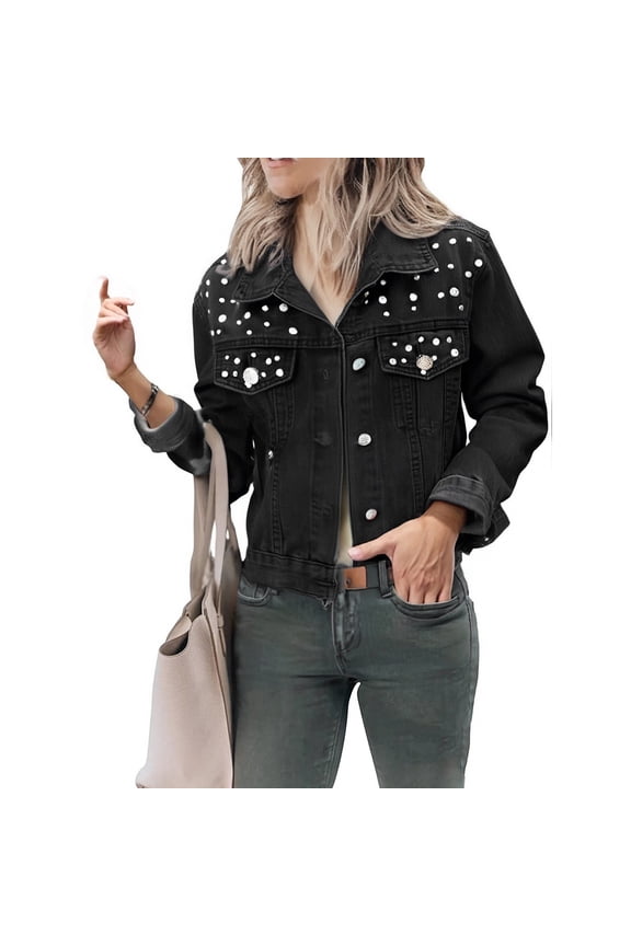 Jackets for Women, Cropped Denim Jackets Button Down Casual Long Sleeve Distressed Jean Coats with Pockets for Daily Wear Streetwear Fall Spring 2026, Black L