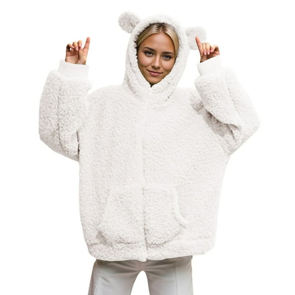 Jackets Women Cute Bear Ear Zipper Hooded Sweatshirt Solid Fuzzy Fleece Hoodie With Pocket Outwear Coats