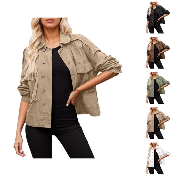 Jackets for Women Fall Jackets for Women 2025 Women's Cropped Fleece-Lined Denim Jacket - Distressed Details, V-Neck Casual Button Up, Autumn Winter Outerwear