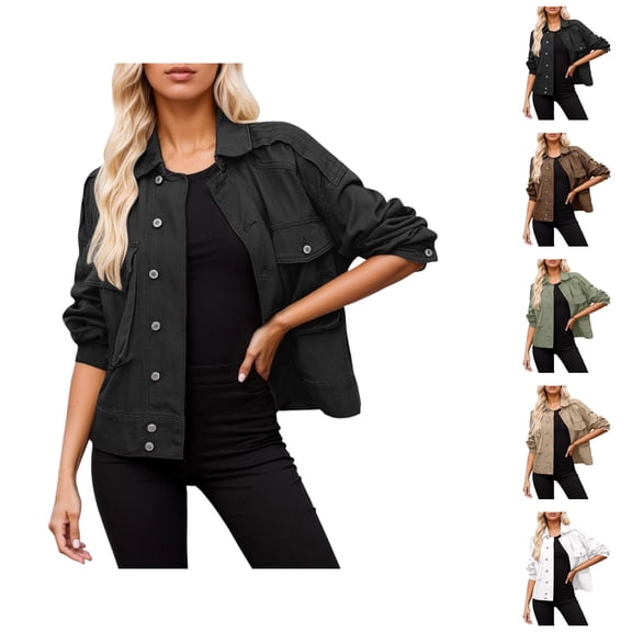 Jackets for Women Fall Jackets for Women 2025 Women's Cropped Fleece-Lined Denim Jacket - Distressed Details, V-Neck Casual Button Up, Autumn Winter Outerwear