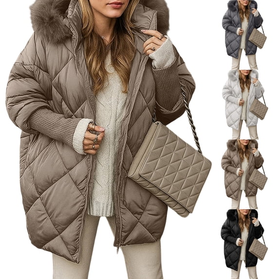 Jackets for Women Fleece Lined Winter Coats Hooded Down Coat with Zip Pockets for Cold Weather Protection, Daily Commute, and Christmas Outings,Gray,3XL