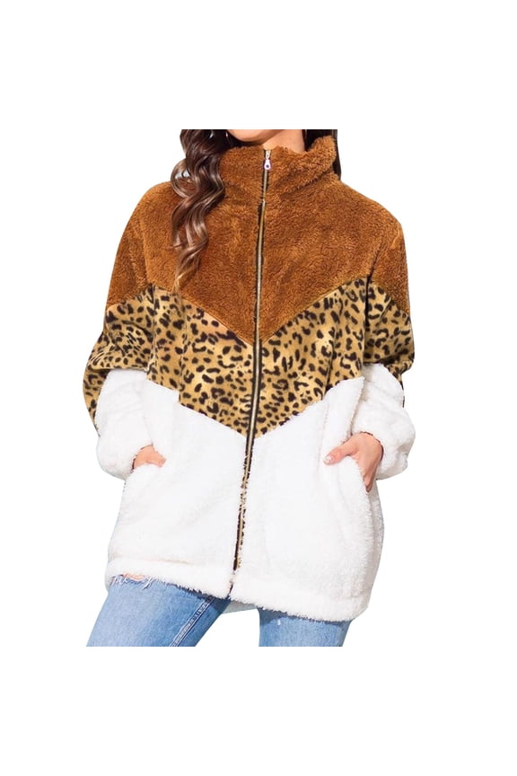 Jackets Women Fuzzy Patchwork Zipper Sweatshirt Warm Plush Cheetah Sherpa Outwear Coats