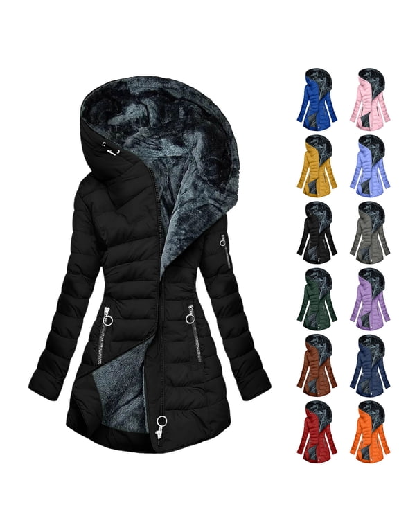 Down Jackets for Women Hooded Plus Size Long Sleeve Solid Color Winter Coat Women's Casual Loose Mid-Length Warm Padded Jacket Outdoor Sport Parkas Navy S