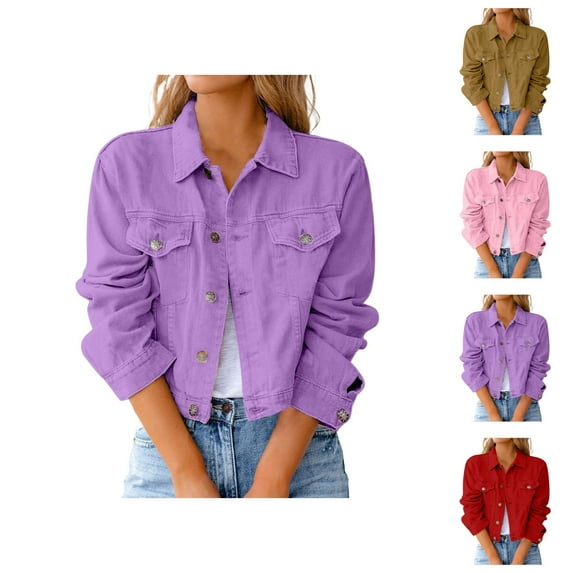 Jackets for Women Jackets for Women Trendy Women's Vintage Lapel Button Down Denim Jacket - Long Sleeve Distressed Crop Pocket, Teen Girls Fall Winter Coat