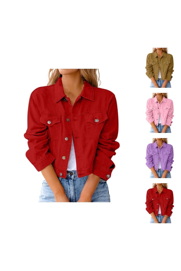 Jackets for Women Jackets for Women Trendy Women's Vintage Lapel Button Down Denim Jacket - Long Sleeve Distressed Crop Pocket, Girls Fall Winter Coat