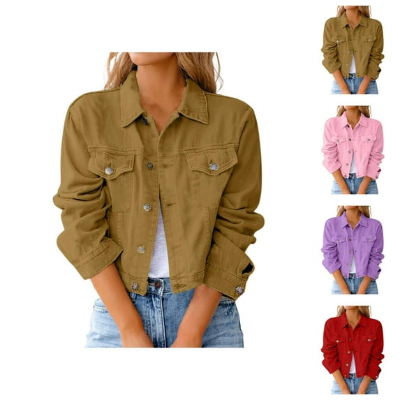 Jackets for Women Jackets for Women Trendy Women's Vintage Lapel Button Down Denim Jacket - Long Sleeve Distressed Crop Pocket, Teen Girls Fall Winter Coat