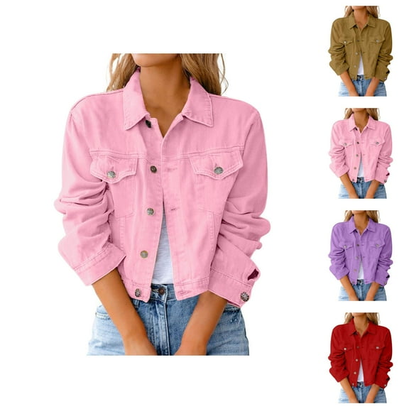 Jackets for Women Jackets for Women Trendy Women's Vintage Lapel Button Down Denim Jacket - Long Sleeve Distressed Crop Pocket, Teen Girls Fall Winter Coat