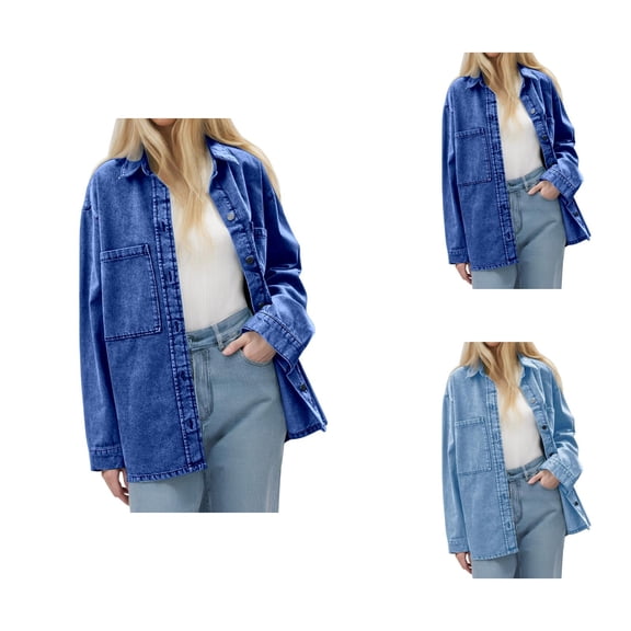 Jackets for Women Lightweight Jacket Women Women's Retro Long Sleeved Denim Jacket - Blue Big Pocket Loose Casual Shirt, High-Quality Durable Autumn Winter Outerwear