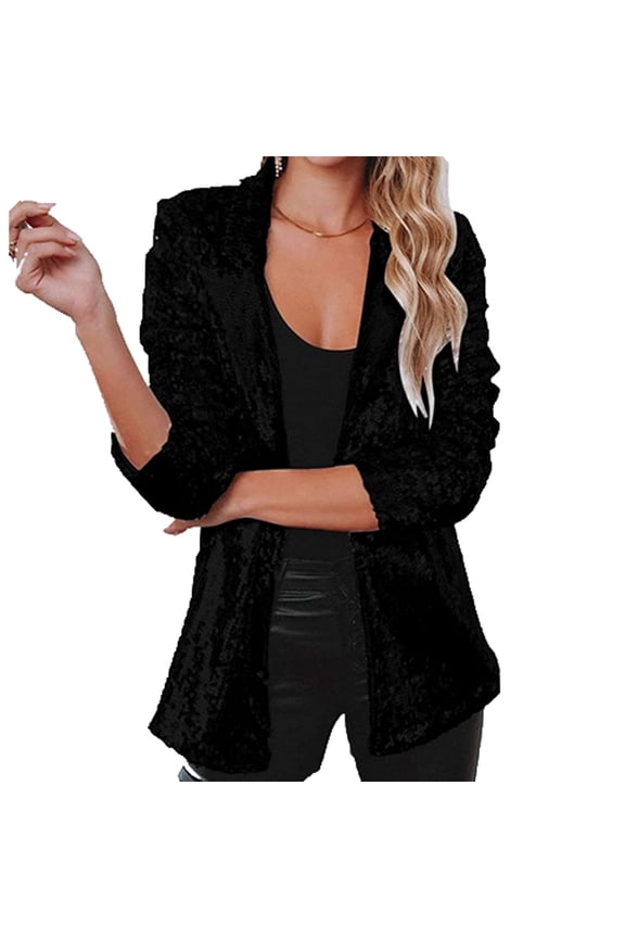 Jackets for Women Plus Size Fashion Lapel Collared Open Front Sequin Blazer Jacket Womens Long Sleeve Solid Casual Coat Tops Loose Outerwear Blouse Black qILAKOG Size XL