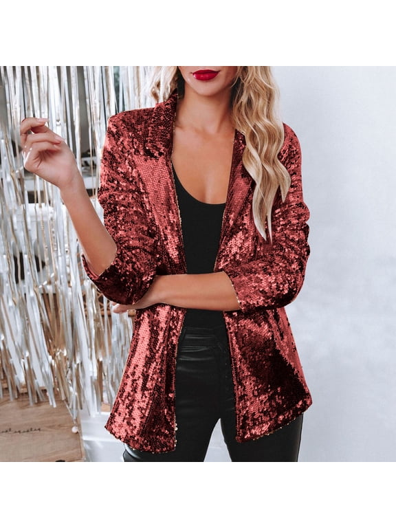 Jackets for Women Plus Size Fashion Lapel Collared Open Front Sequin Blazer Jacket Womens Long Sleeve Solid Casual Coat Tops Loose Outerwear Blouse Wine qILAKOG Size L