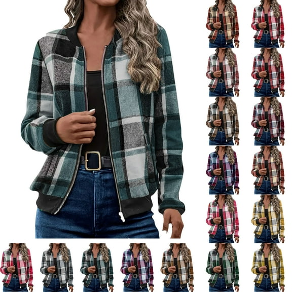 Jackets for Women with Pockets Windbreaker Plaid Printed Comfortable Casual Loose Long Sleeve Cardigan Zipper Hooded Jacket Casual Outerwear Army Green L