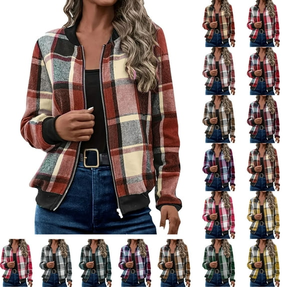 Jackets for Women with Pockets Windbreaker Plaid Printed Comfortable Casual Loose Long Sleeve Cardigan Zipper Hooded Jacket Casual Outerwear Brown#01 XXL