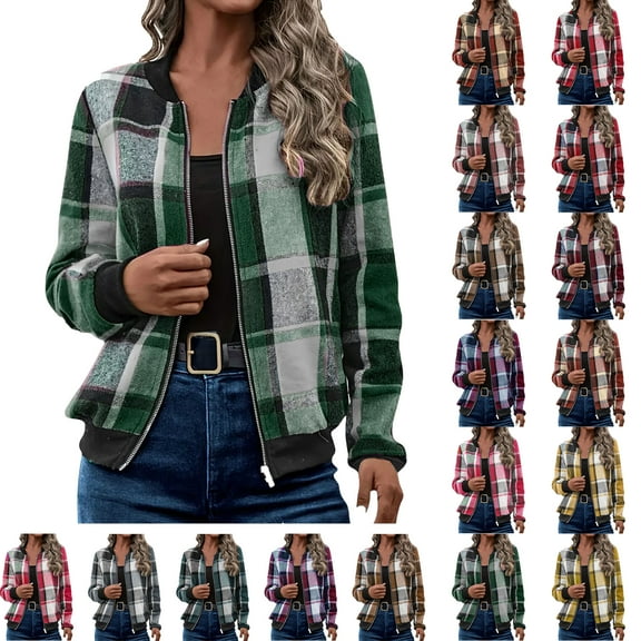 Jackets for Women with Pockets Windbreaker Plaid Printed Comfortable Casual Loose Long Sleeve Cardigan Zipper Hooded Jacket Casual Outerwear Green XXL