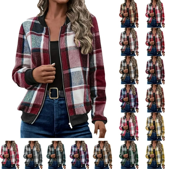 Jackets for Women with Pockets Windbreaker Plaid Printed Comfortable Casual Loose Long Sleeve Cardigan Zipper Hooded Jacket Casual Outerwear Wine#01 M