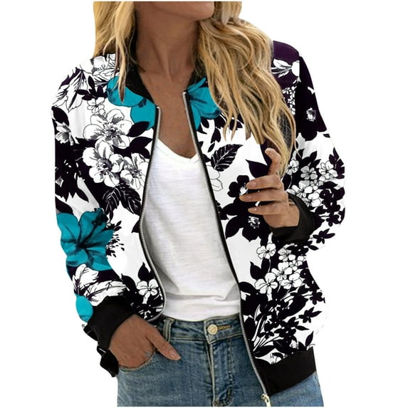 Jackets For Women Floral Printed Fashion Casual Zip Top Jacket Long Sleeve less Casual Jacket Loose Slim Fit Ladies Jackets Summer Jacket Daily Jackets Lightweight Bomber Jacket