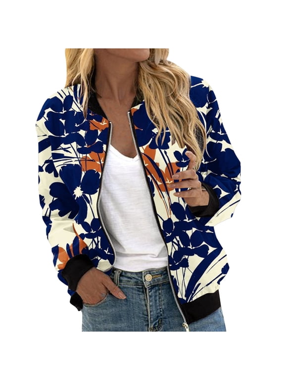 Jackets For Women Floral Printed Fashion Casual Zip Top Jacket Long Sleeve less Casual Jacket Loose Slim Fit Ladies Jackets Summer Jacket Daily Jackets Lightweight Bomber Jacket