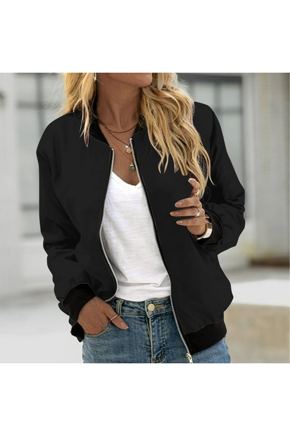 Jackets for Women Trendy Loose Long Sleeve Solid Color Zipper Outerwear Spring Fall Winter Lightweight Business Office Jackets with Pockets for Shopping Dating