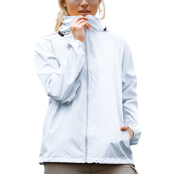 Jackets for Women Trendy Plus Size New Women Waterproof Lightweight Windbreaker Jacket with Hood Outdoor Sports Packable Raincoat with Pockets White L