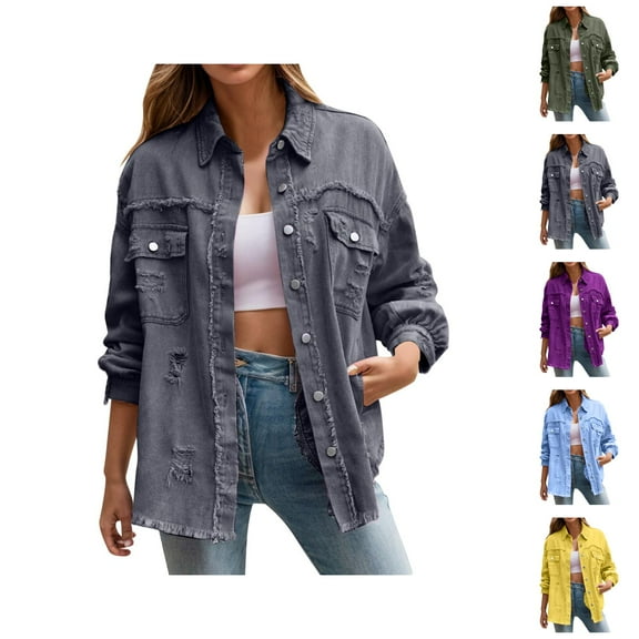 Jackets for Women Winter Jackets for Women Women's Trendy Ripped Oversized Denim Jacket - Boyfriend Distressed Long Coat, Casual Autumn Winter Outerwear