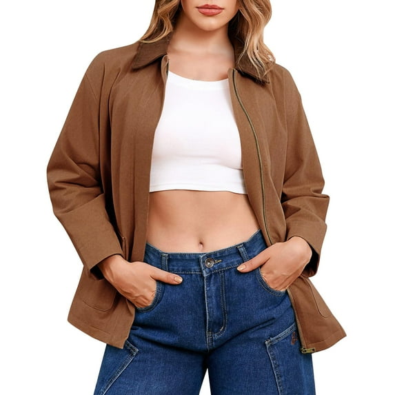 Jackets for Women Winter, Yigetop Women's Suede Motorcycle Jacket Autumn Fashion Oversized Zipper Jacket Winter Clothing Jacket Women Jacket Brown 3XL