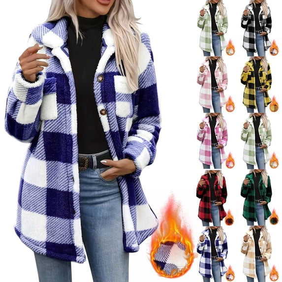 Jackets For Women,Women Plaid Fleece Shacket Coat,Turn‑Down Collar Button Front Long Sleeve Jacket Casual Outerwear With Pockets,Fall Winter Buffalo Plaid Fuzzy Overshirt For Women