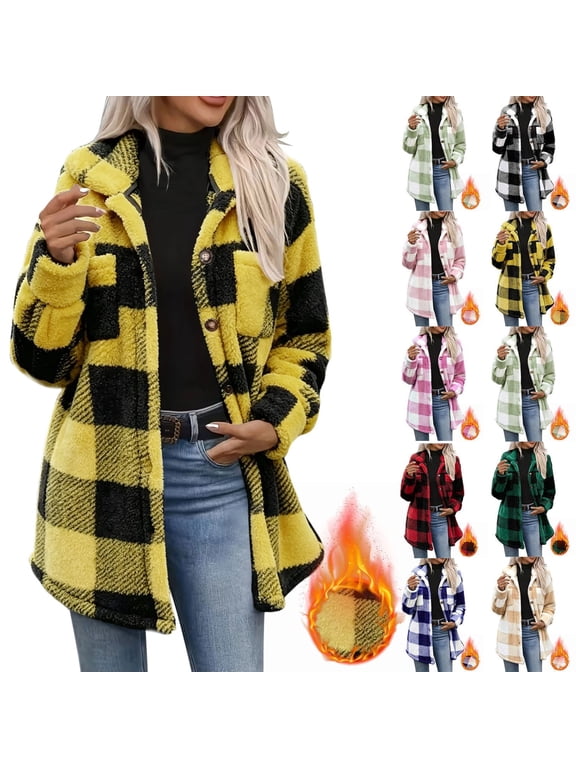 Jackets For Women,Women Plaid Fleece Shacket Coat,Turn‑Down Collar Button Front Long Sleeve Jacket Casual Outerwear With Pockets,Fall Winter Buffalo Plaid Fuzzy Overshirt For Women