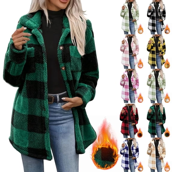 Jackets For Women,Women Plaid Fleece Shacket Coat,Turn‑Down Collar Button Front Long Sleeve Jacket Casual Outerwear With Pockets,Fall Winter Buffalo Plaid Fuzzy Overshirt For Women