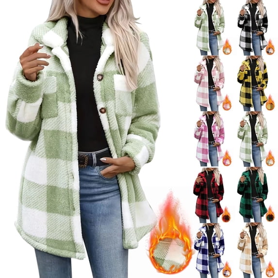 Jackets For Women,Women Plaid Fleece Shacket Coat,Turn‑Down Collar Button Front Long Sleeve Jacket Casual Outerwear With Pockets,Fall Winter Buffalo Plaid Fuzzy Overshirt For Women