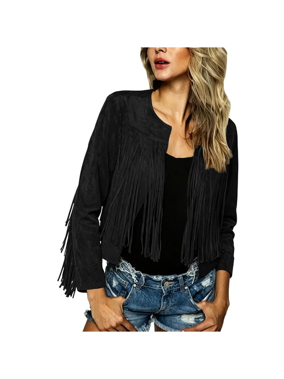 Jackets for Women, Women's Fringe Faux Suede Leather Jackets, Tassel Detail, Motorcycle Cropped Jacket, Long Sleeve, Open Front, Western Style, Fall Fashion, Casual Outfits, Winter Coats
