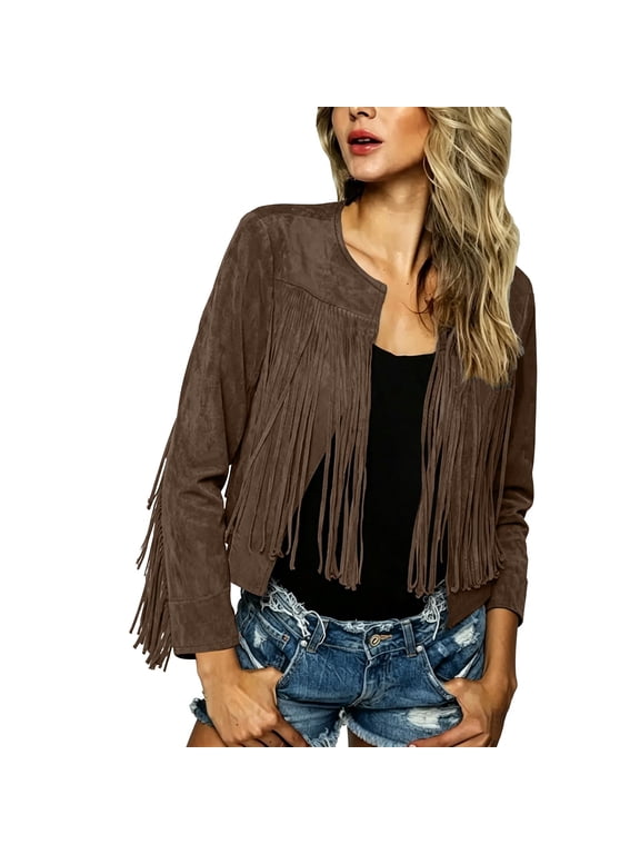 Jackets for Women, Women's Fringe Faux Suede Leather Jackets, Tassel Detail, Motorcycle Cropped Jacket, Long Sleeve, Open Front, Western Style, Fall Fashion, Casual Outfits, Winter Coats
