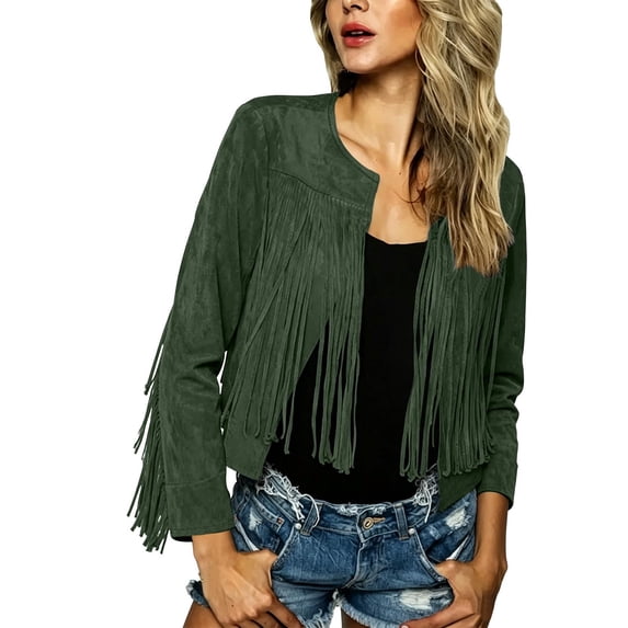 Jackets for Women, Women's Fringe Faux Suede Leather Jackets, Tassel Detail, Motorcycle Cropped Jacket, Long Sleeve, Open Front, Western Style, Fall Fashion, Casual Outfits, Winter Coats