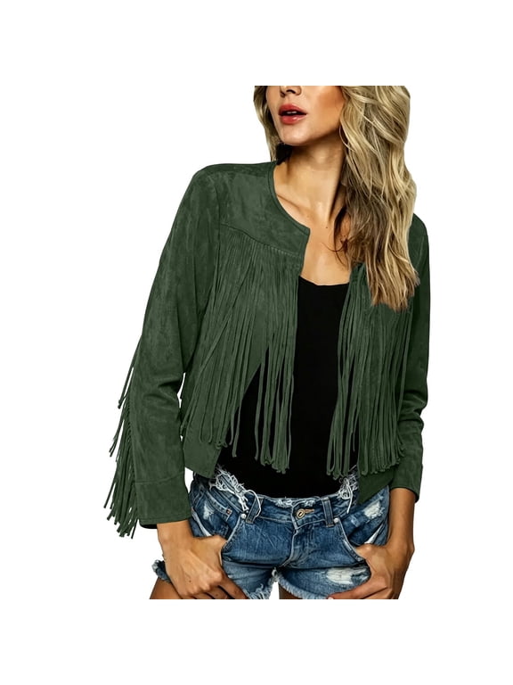 Jackets for Women, Women's Fringe Faux Suede Leather Jackets, Tassel Detail, Motorcycle Cropped Jacket, Long Sleeve, Open Front, Western Style, Fall Fashion, Casual Outfits, Winter Coats