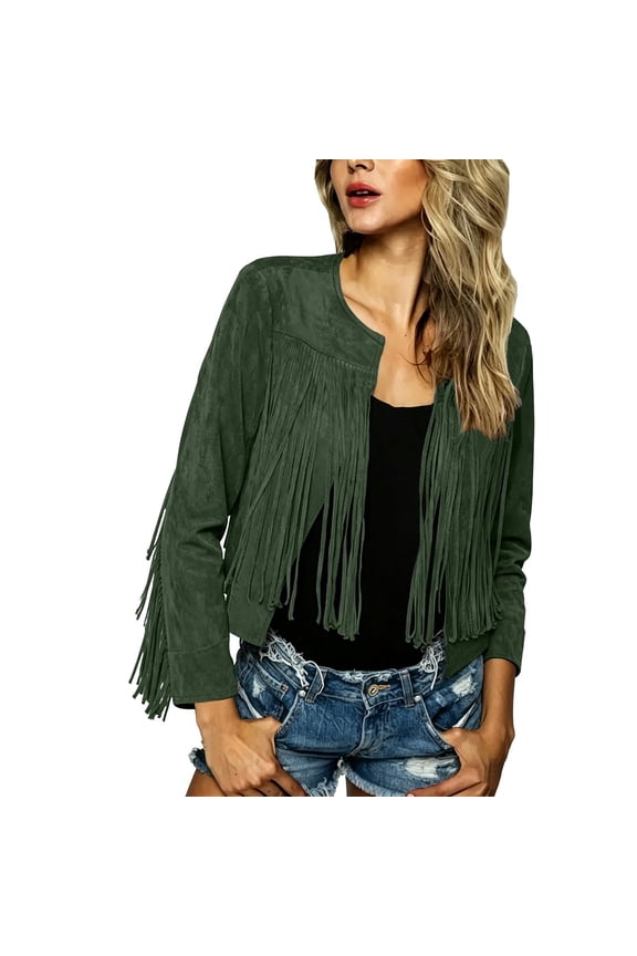 Jackets for Women, Women's Fringe Faux Suede Leather Jackets, Tassel Detail, Motorcycle Cropped Jacket, Long Sleeve, Open Front, Western Style, Fall Fashion, Casual Outfits, Winter Coats