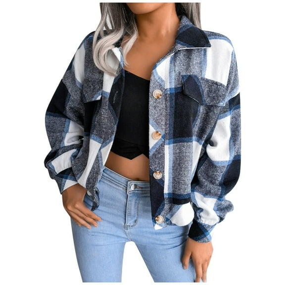 Jackets Womens Trendy Casual Plaid Wool Coat Long Sleeve Button Down Cropped Fall Winter Coats for Women,Navy,S