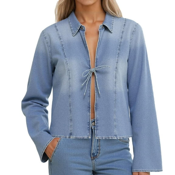 Jackets Womens Trendy Retro Lapel Casual Long Sleeved Bow Decorated Denim Shirt Fall Winter Women'S Coats,Blue,L
