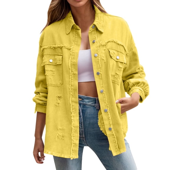 Jackets Womens Trendy Ripped Oversized Denim Casual Long Boyfriend Distressed Fall Winter Women'S Coats,Yellow,XL