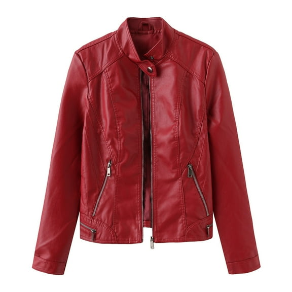 Jackets Womens Trendy Solid Color Casual Leather With Long Sleeves Zipper Motorcycle Fall Winter Women's Coats,Red,L