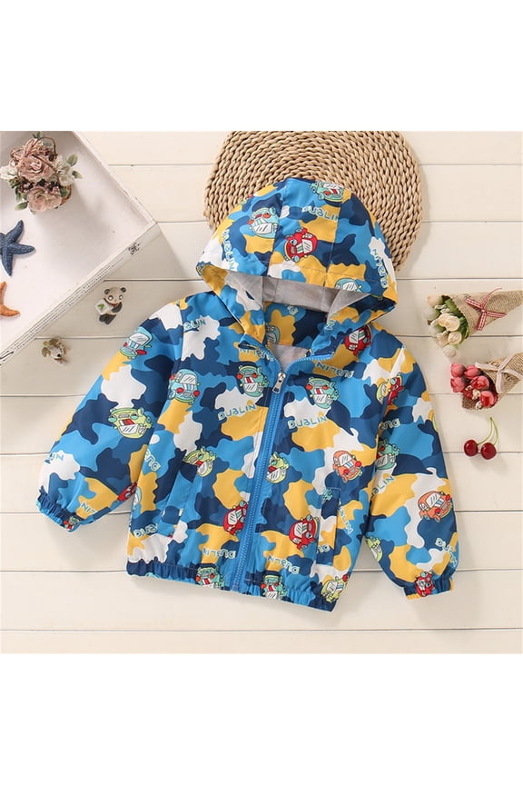 Jackets for Boys Waterproof Camo Print Hooded Long Sleeve Zipper Windbreaker for Outdoor Wear Blue 3-4 Years