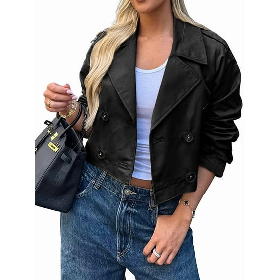 Jackets for Female CasualLoose Comfy Utility Style Button Up Large Lapel Cropped Jacket Female Black L