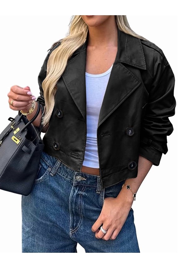 Jackets for Female CasualLoose Comfy Utility Style Button Up Large Lapel Cropped Jacket Female Black M