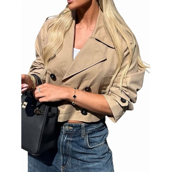 Jackets for Female CasualLoose Comfy Utility Style Button Up Large Lapel Cropped Jacket Female Khaki L