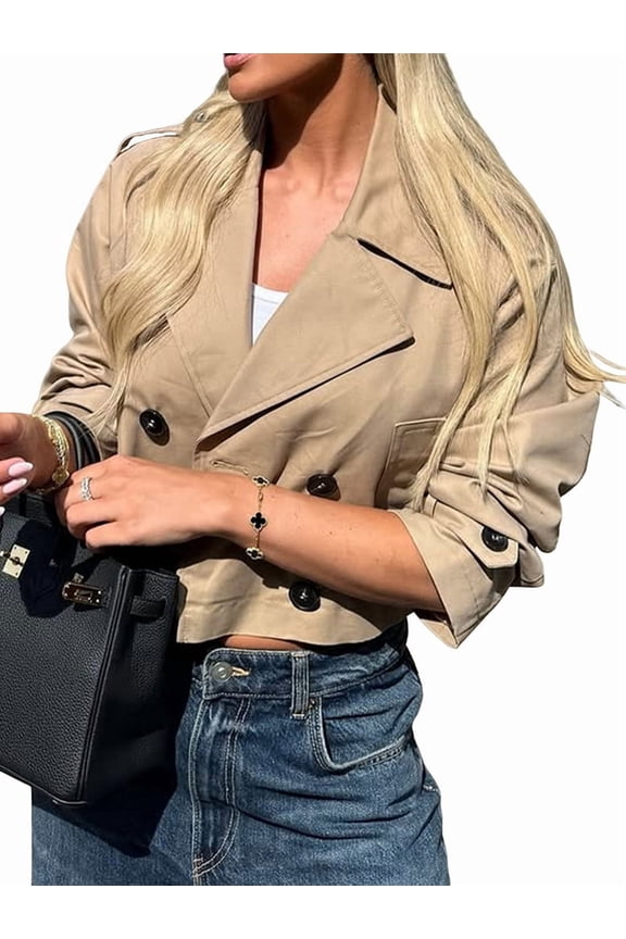 Jackets for Female CasualLoose Comfy Utility Style Button Up Large Lapel Cropped Jacket Female Khaki S