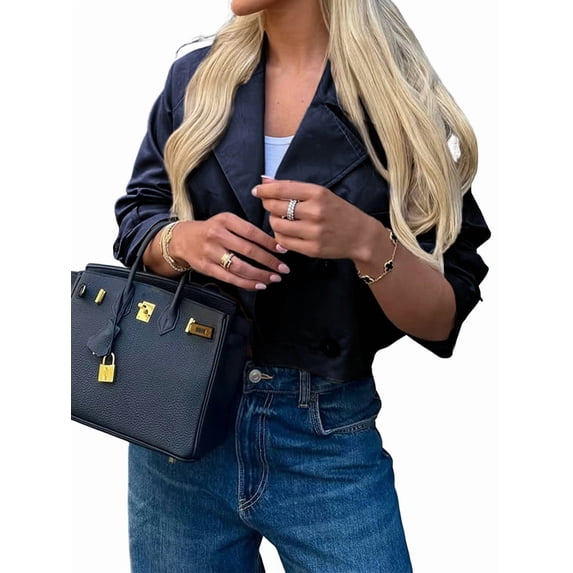 Jackets for Female CasualLoose Comfy Utility Style Button Up Large Lapel Cropped Jacket Female Navy Blue S