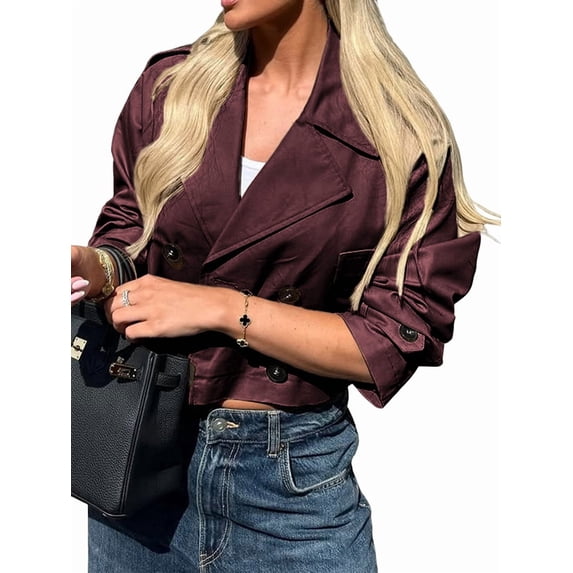 Jackets for Female CasualLoose Comfy Utility Style Button Up Large Lapel Cropped Jacket Female Wine Red L